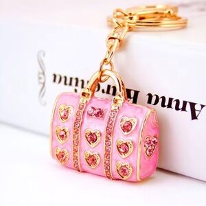 Pink Enamel & 🩷-Shaped Crystal Handbag Bag Charm/Keychain, NIP